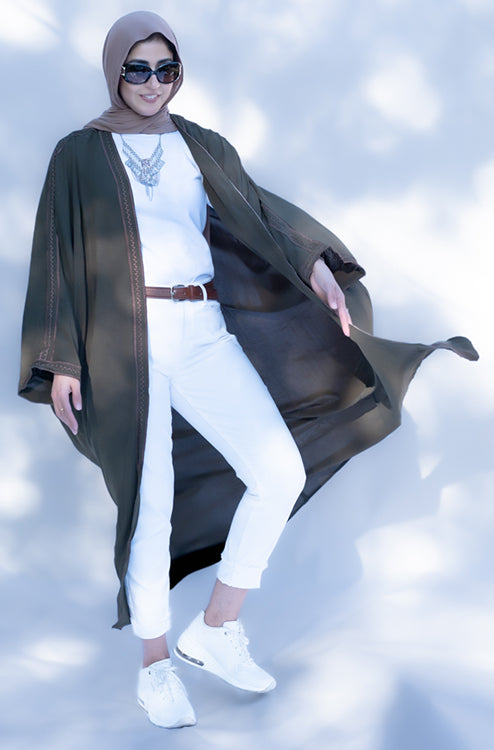 Linen cotton long overcoat, soft and covered, perfect for layering and offering full coverage | Green