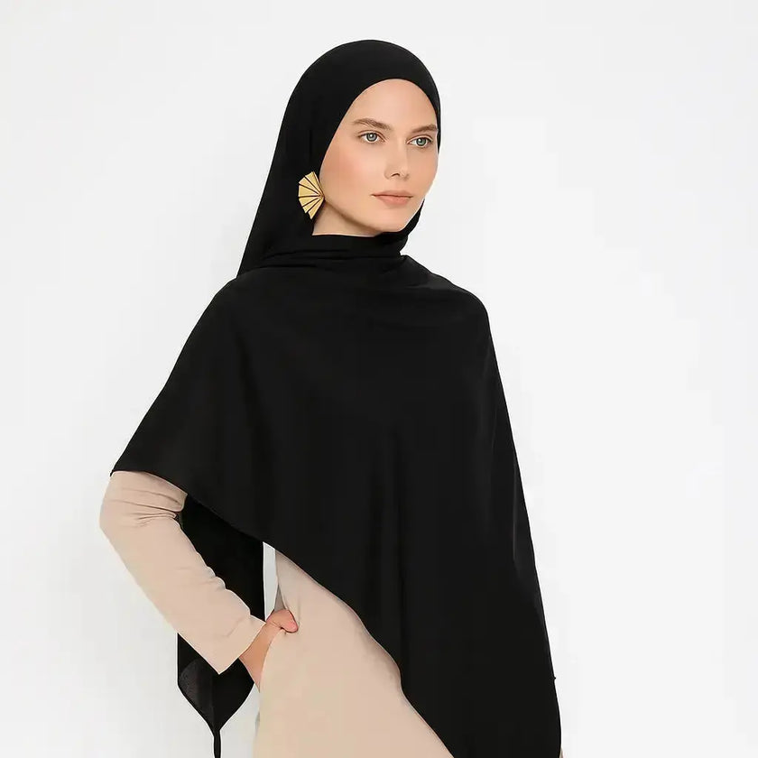 Madina Silk Hijab – Semi-shine, non-slip, soft and breathable. Luxurious, heavy, and comfortable hijab with a matte look, size 180x70cm. | Velvet Black