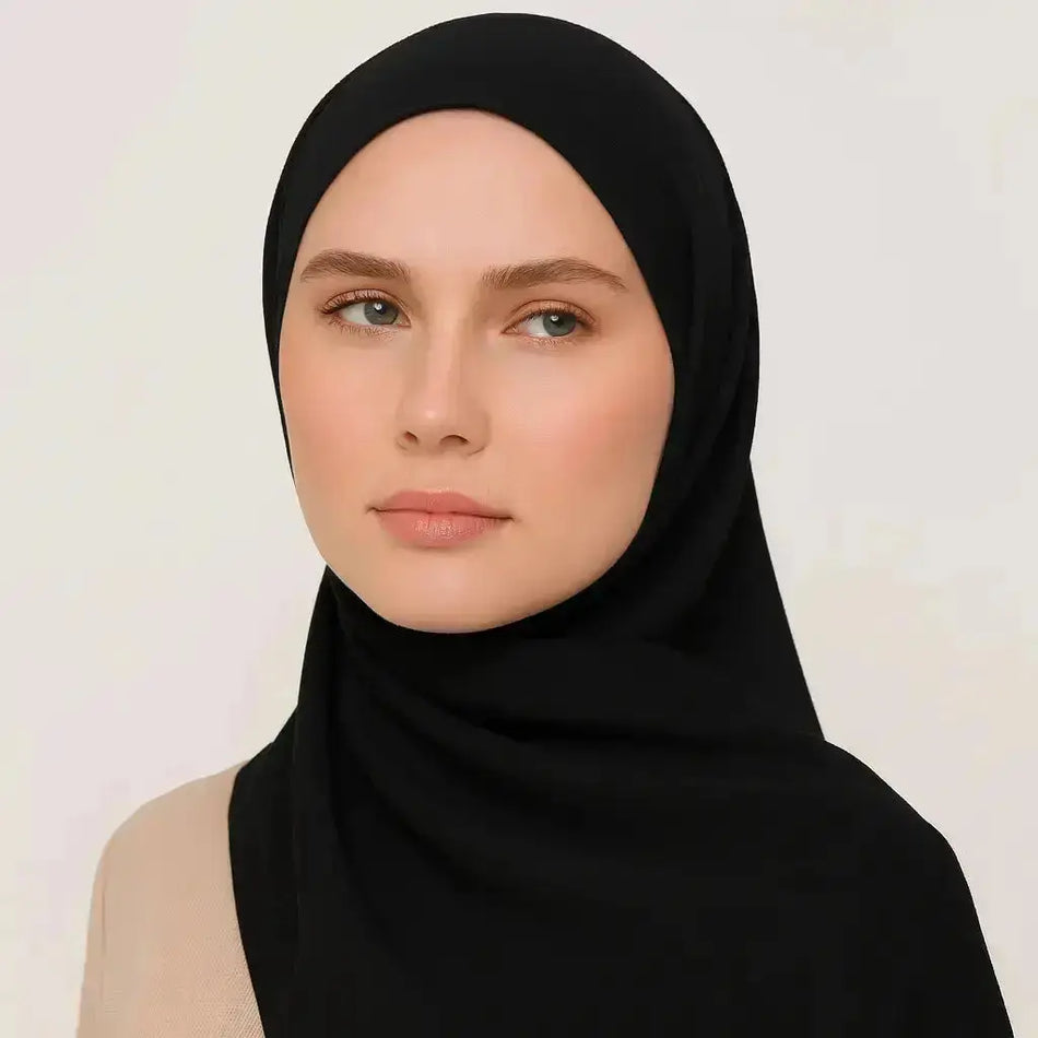 Madina Silk Hijab – Semi-shine, non-slip, soft and breathable. Luxurious, heavy, and comfortable hijab with a matte look, size 180x70cm. | Velvet Black