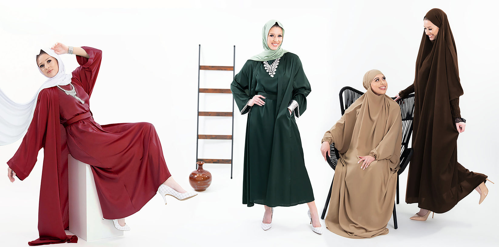 Abayas for Muslim Women in various designs and fabrics: three-piece, two-piece, and one-piece, showcasing beautiful patterns and high-quality materials.