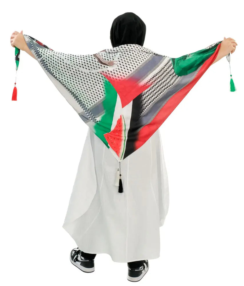 Luxurious Palestinian silk hijab scarf featuring intricate cultural designs.