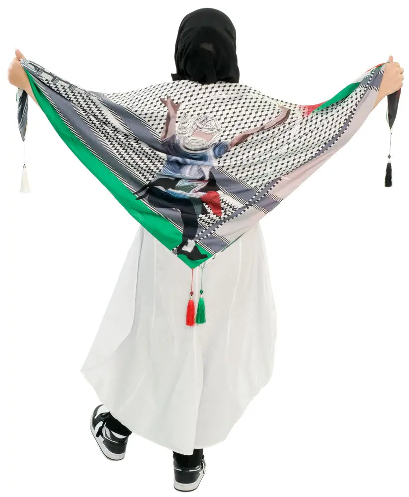 Luxurious Palestinian silk hijab scarf featuring intricate cultural designs.