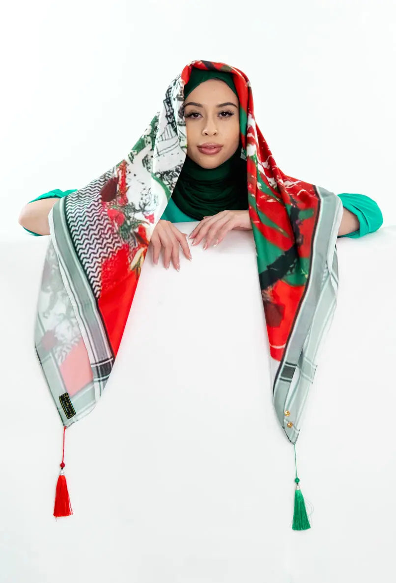 Luxurious Silk Palestinian Hijab Scarves with Four Corner Tassels Zari Hijabeez