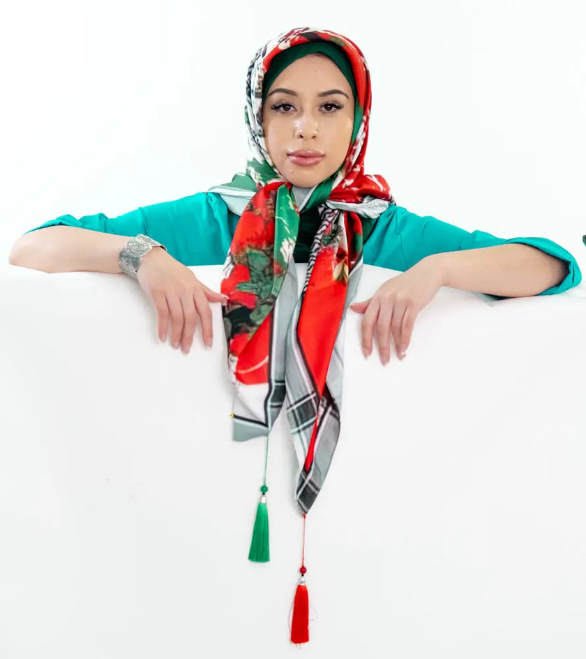 Luxurious Silk Palestinian Hijab Scarves with Four Corner Tassels Zari Hijabeez