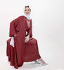 Three-piece silk Abaya set crafted from premium silk fabric, showcasing a captivating textured lines pattern. Includes a flowing gown, matching liner, and coordinating belt | Red