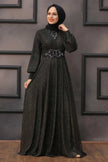 Black Glitter Abaya Dress with Beaded Waist – Elegant Modest Evening Gown