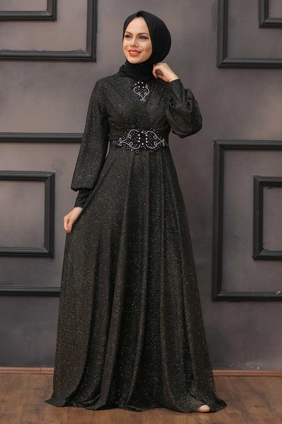 Black Glitter Abaya Dress with Beaded Waist – Elegant Modest Evening Gown