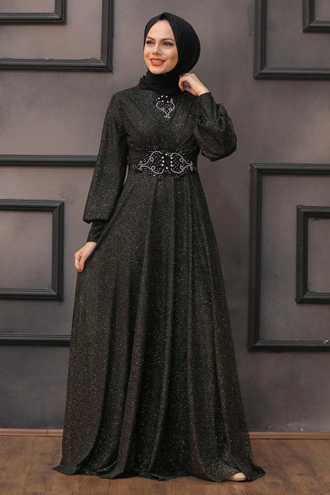 Black Glitter Abaya Dress with Beaded Waist – Elegant Modest Evening Gown