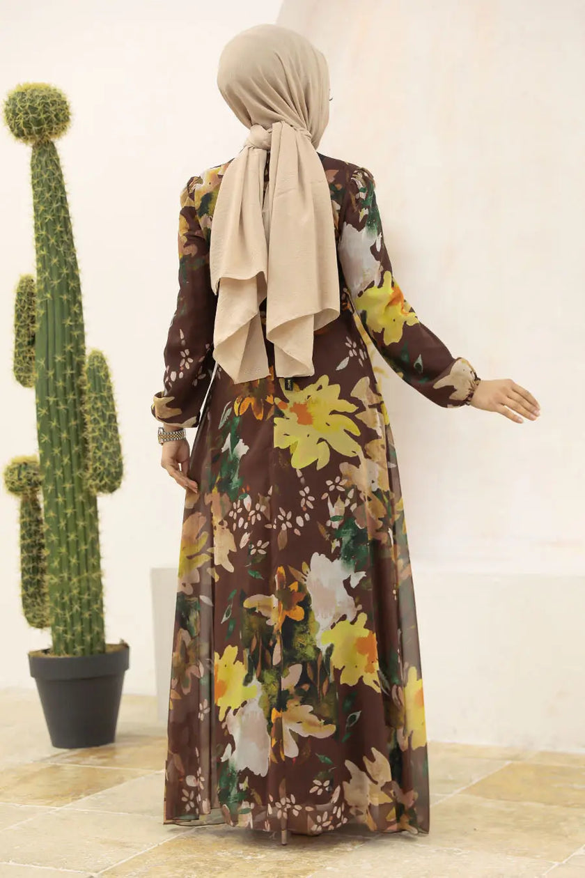 Brown Floral Modest Maxi Dress with Waist Tie – Elegant Fall-Inspired Abaya Zari Hijabeez