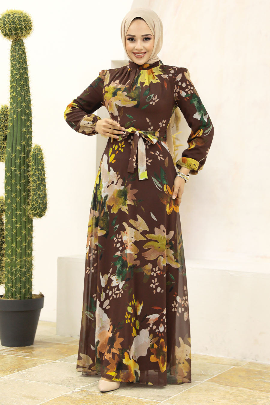 Brown Floral Modest Maxi Dress with Waist Tie – Elegant Fall-Inspired Abaya