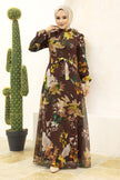 Brown Floral Modest Maxi Dress with Waist Tie – Elegant Fall-Inspired Abaya