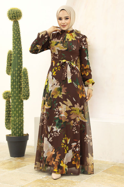 Brown Floral Modest Maxi Dress with Waist Tie – Elegant Fall-Inspired Abaya