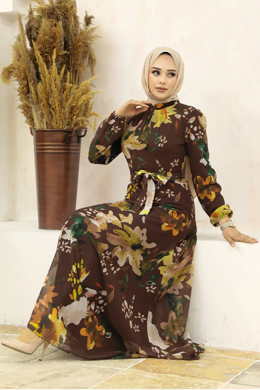 Brown Floral Modest Maxi Dress with Waist Tie – Elegant Fall-Inspired Abaya Zari Hijabeez
