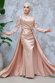 Champagne blush satin modest gown with beaded long sleeves, high neckline, and a dramatic floor-length cape. Elegant formal dress for weddings or events.