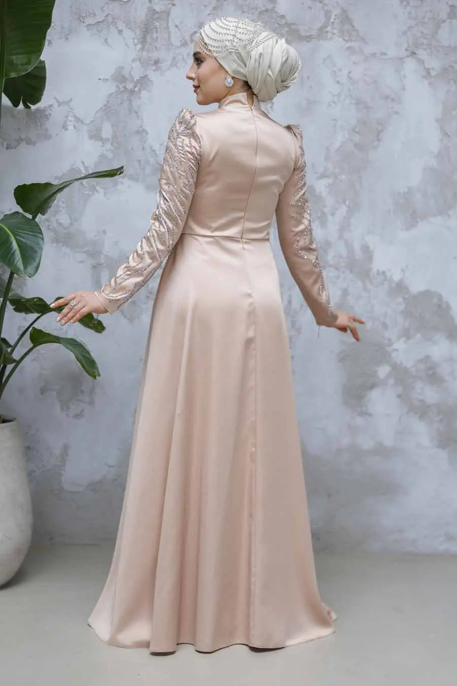 Champagne Blush Satin Gown Modest Dress with Beaded Sleeves - Zari Zari Hijabeez Champagne Blush Satin Gown Modest Dress with Beaded Sleeves - Zari Zari Hijabeez