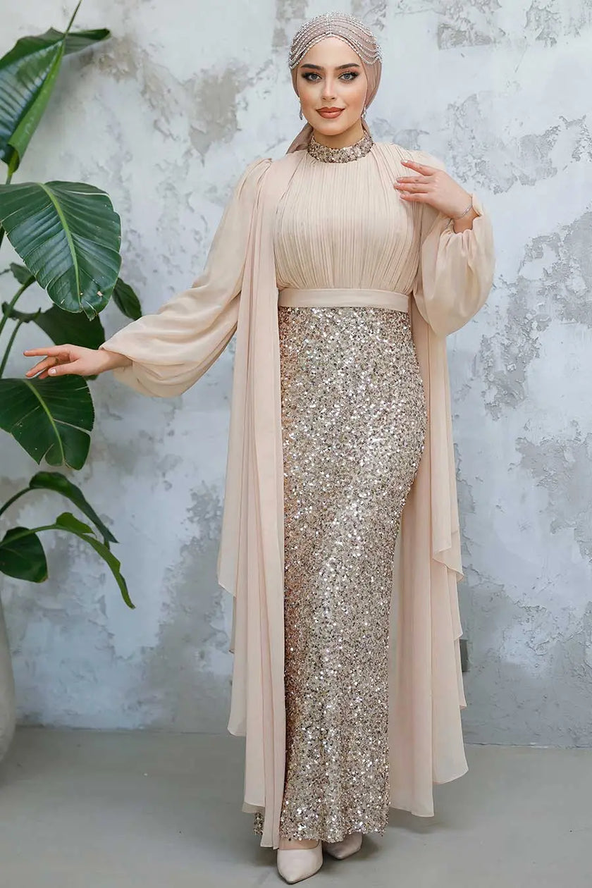 Champagne gold modest evening gown with a fully sequined base and soft chiffon overlay. Elegant formal dress for weddings, parties, or Eid events.