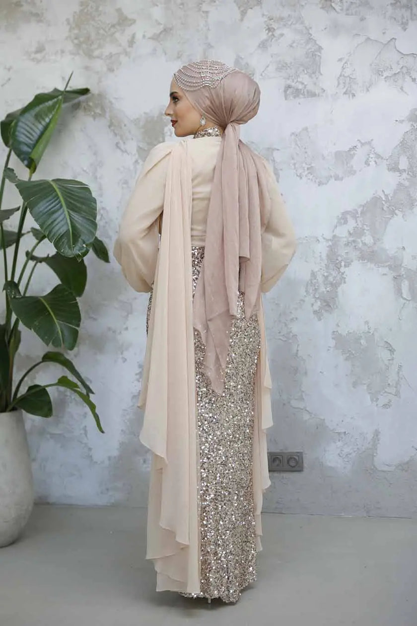 Champagne gold modest evening gown with a fully sequined base and soft chiffon overlay. Elegant formal dress for weddings, parties, or Eid events.