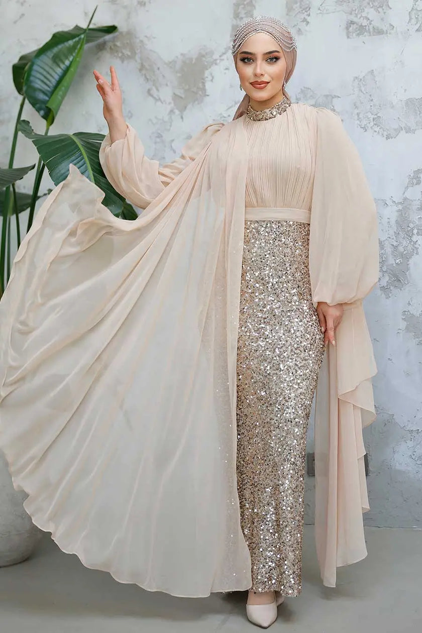 Champagne gold modest evening gown with a fully sequined base and soft chiffon overlay. Elegant formal dress for weddings, parties, or Eid events.