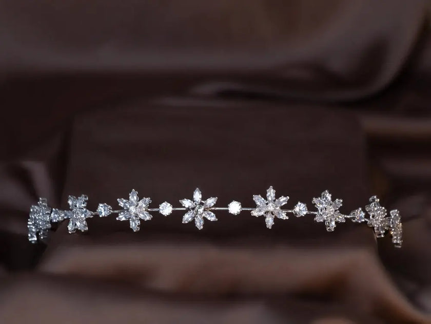 Elegant crystal floral headband with delicate white flowers, perfect for bridal, wedding, and formal occasions. Lightweight, stylish, and comfortable fit.