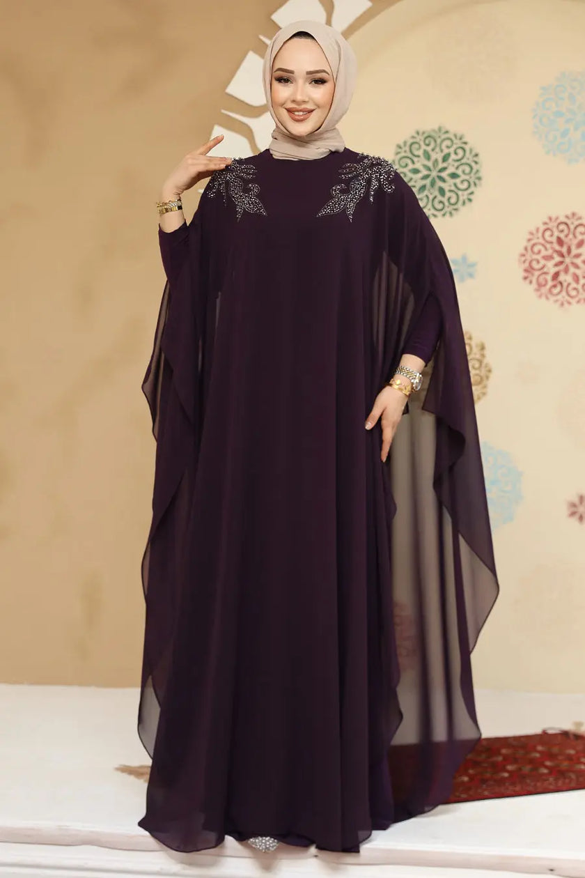 Deep Plum crepe abaya in elegant kaftan style with crystal embellishments and flowy chiffon sleeves. Perfect for weddings, formal events, or Eid.