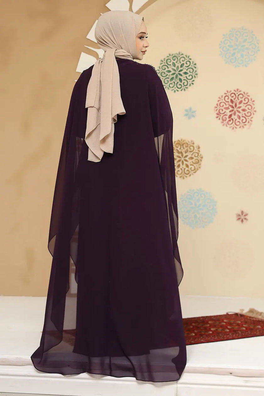 Deep Plum crepe abaya in elegant kaftan style with crystal embellishments and flowy chiffon sleeves. Perfect for weddings, formal events, or Eid.