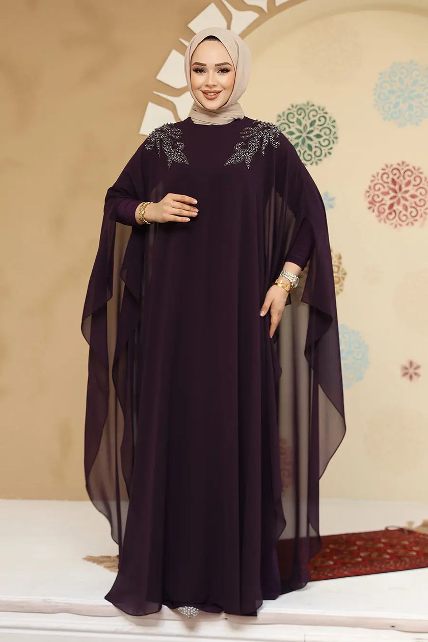 Deep Plum crepe abaya in elegant kaftan style with crystal embellishments and flowy chiffon sleeves. Perfect for weddings, formal events, or Eid.