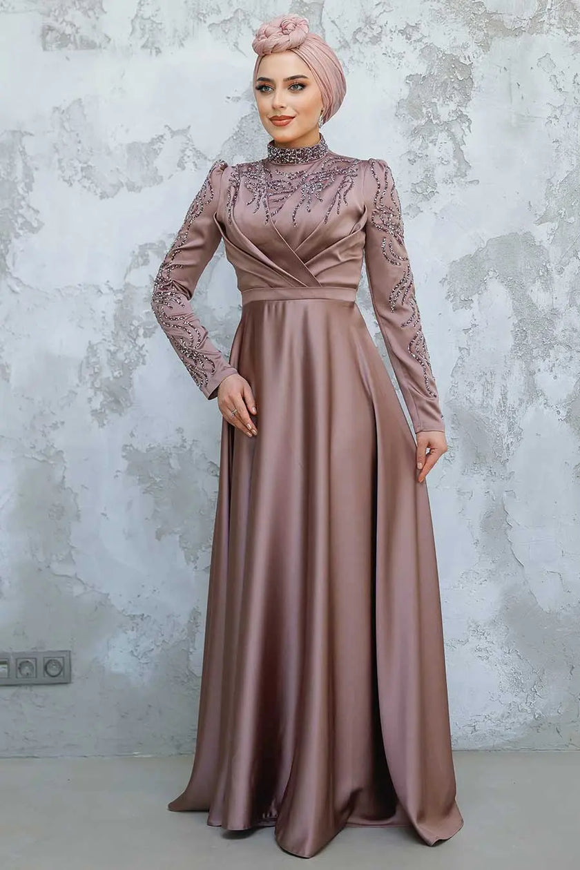 Dusty Rose satin modest gown with long sleeves and intricate beaded embellishments. Elegant high-neck formal dress for weddings and special occasions.