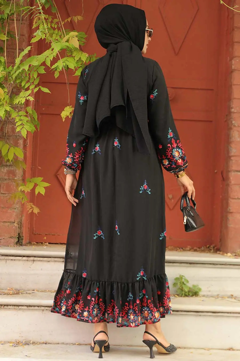 Elegant Embroidered Black Modest Dress – Floral Maxi Style with Ruffle Hem Zari Hijabeez