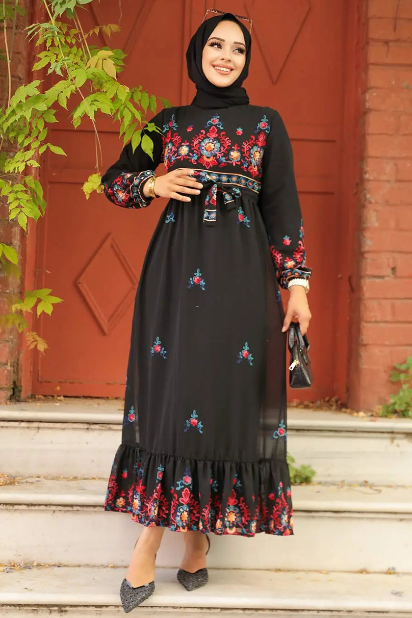 Elegant Embroidered Black Modest Dress – Floral Maxi Style with Ruffle Hem Zari Hijabeez