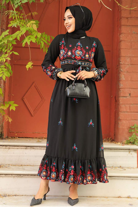 Elegant Embroidered Black Modest Dress – Floral Maxi Style with Ruffle Hem