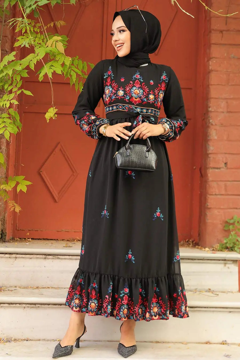 Elegant Embroidered Black Modest Dress – Floral Maxi Style with Ruffle Hem Zari Hijabeez