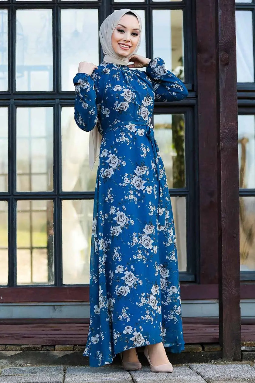 Floral Modest Maxi Dress with Waist Tie – Elegant Fall-Inspired Abaya (Copy) Zari Hijabeez