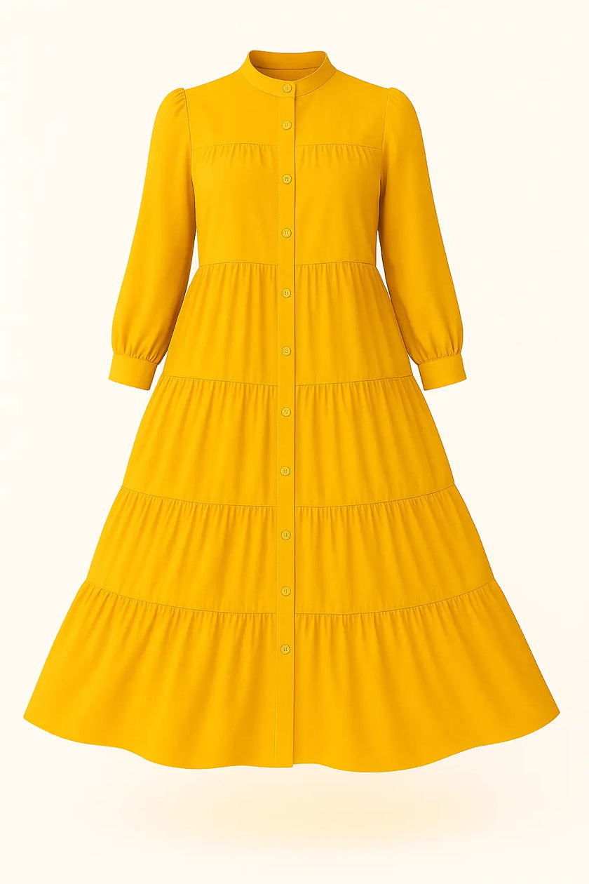  Zari Hijabeez tiered button-down modest dress collection in mustard, yellow, pink, and green – full-length cotton dresses for summer and Eid.