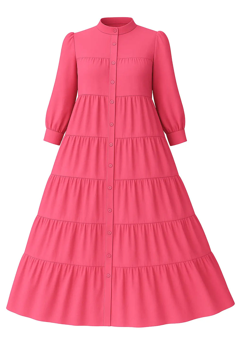  Zari Hijabeez tiered button-down modest dress collection in mustard, yellow, pink, and green – full-length cotton dresses for summer and Eid.