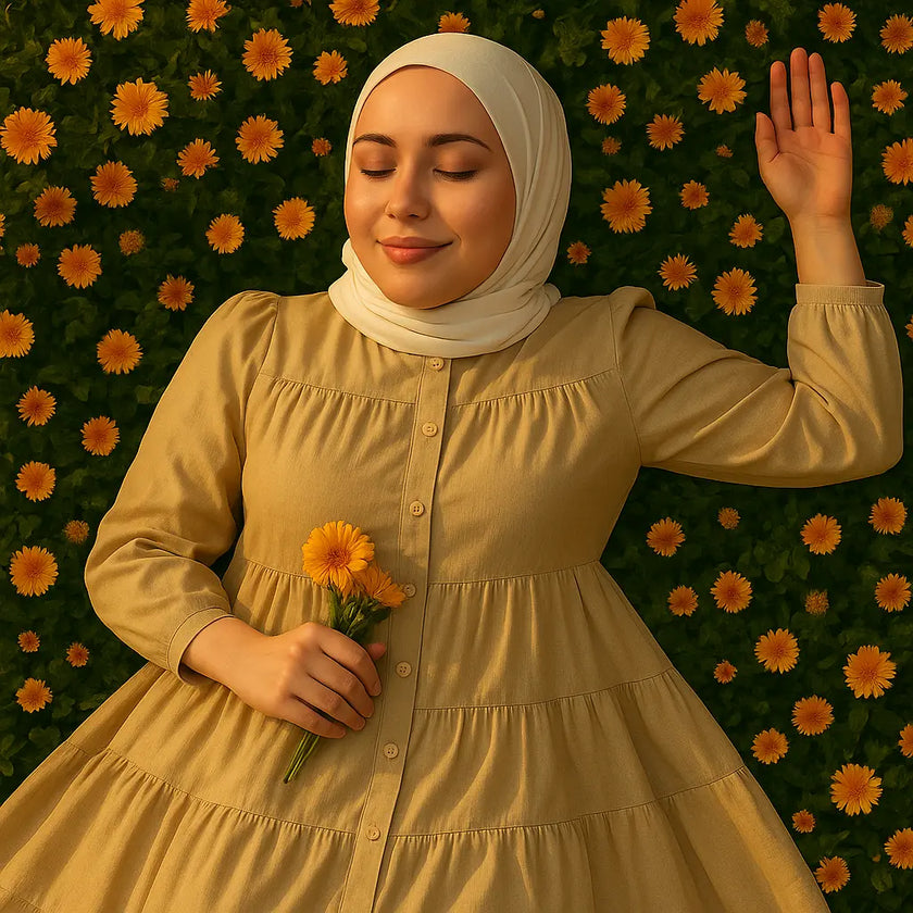  Zari Hijabeez tiered button-down modest dress collection in mustard, yellow, pink, and green – full-length cotton dresses for summer and Eid.