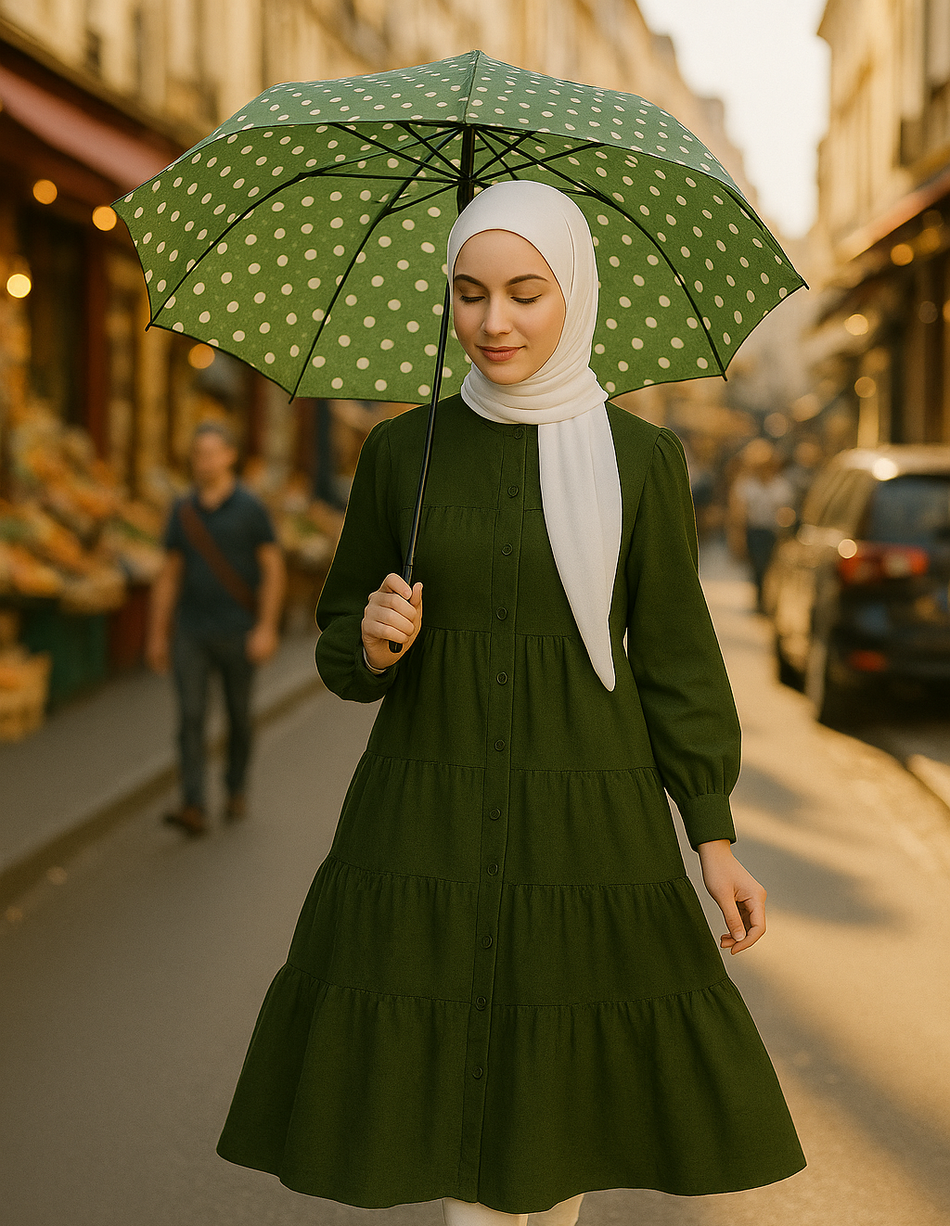  Zari Hijabeez tiered button-down modest dress collection in mustard, yellow, pink, and green – full-length cotton dresses for summer and Eid.