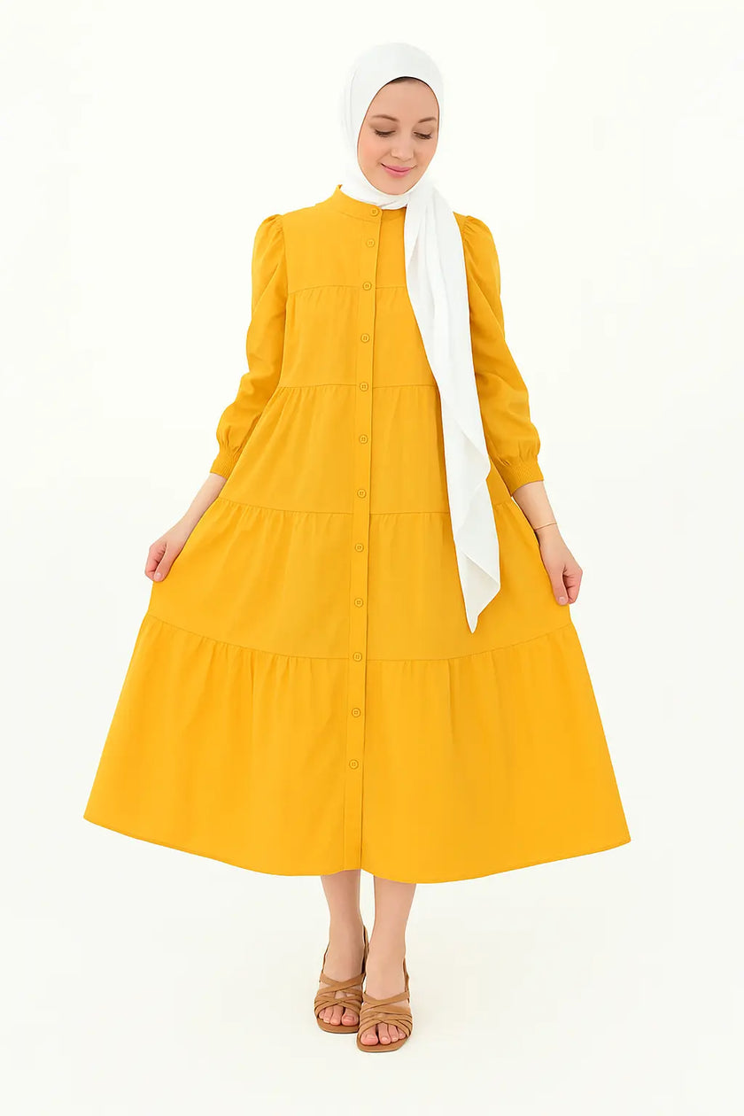  Zari Hijabeez tiered button-down modest dress collection in mustard, yellow, pink, and green – full-length cotton dresses for summer and Eid.
