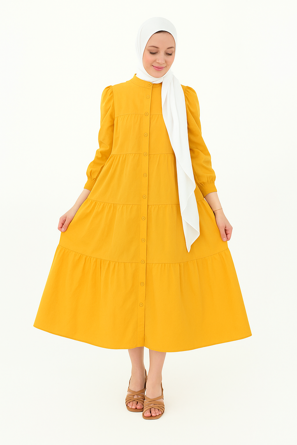  Zari Hijabeez tiered button-down modest dress collection in mustard, yellow, pink, and green – full-length cotton dresses for summer and Eid.