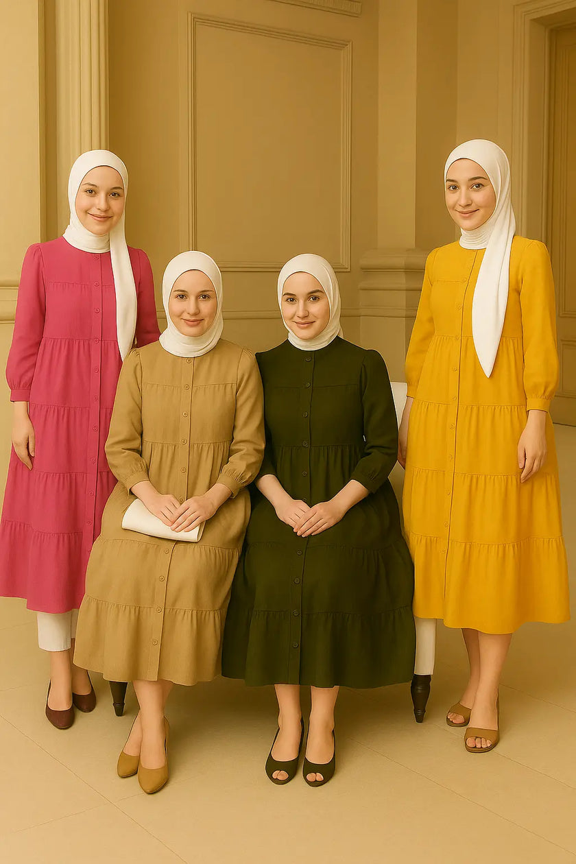  Zari Hijabeez tiered button-down modest dress collection in mustard, yellow, pink, and green – full-length cotton dresses for summer and Eid.