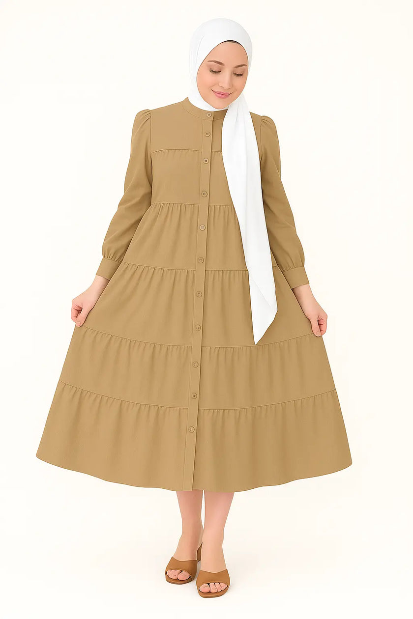 Zari Hijabeez tiered button-down modest dress collection in mustard, yellow, pink, and green – full-length cotton dresses for summer and Eid.