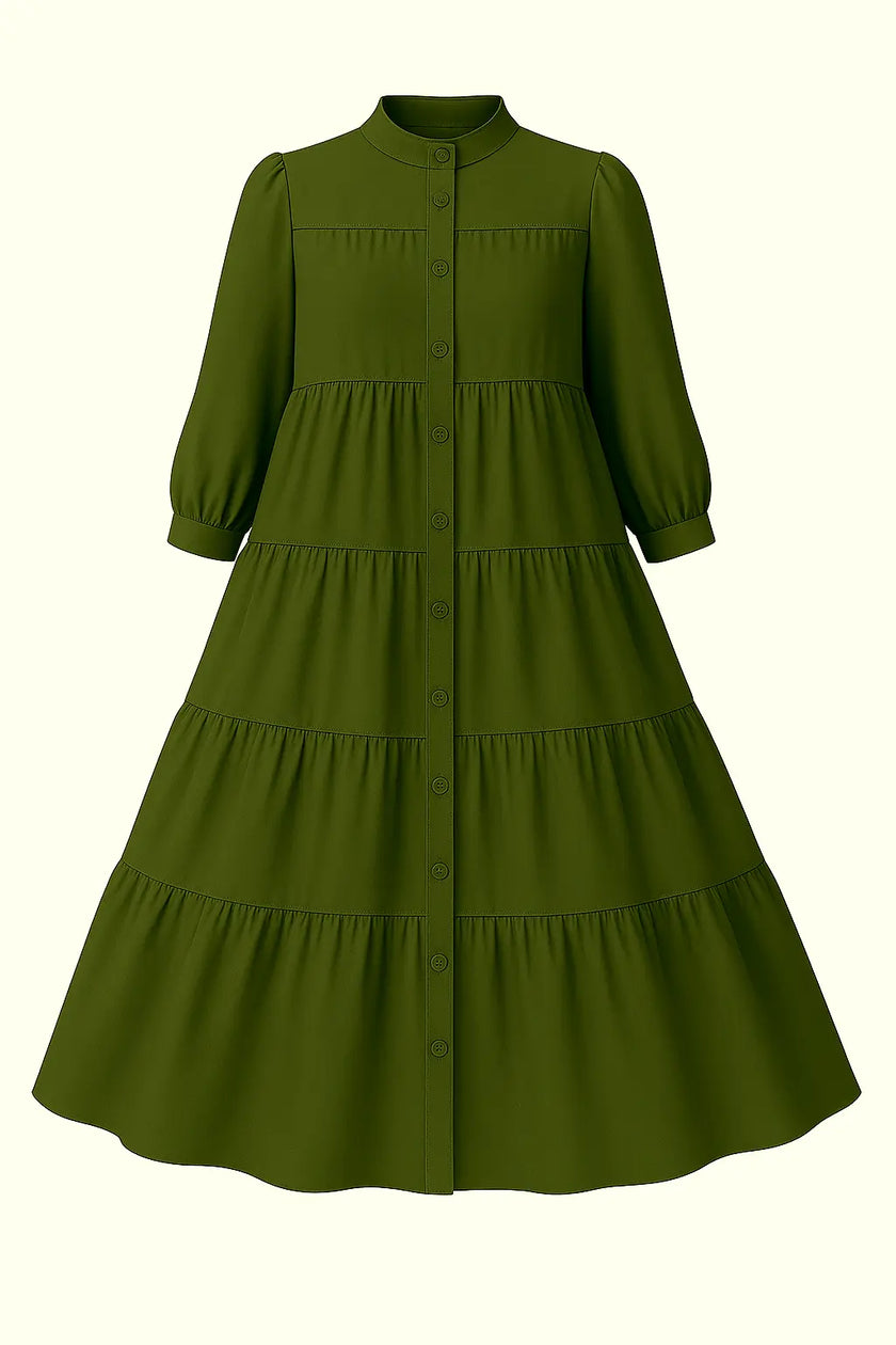  Zari Hijabeez tiered button-down modest dress collection in mustard, yellow, pink, and green – full-length cotton dresses for summer and Eid.
