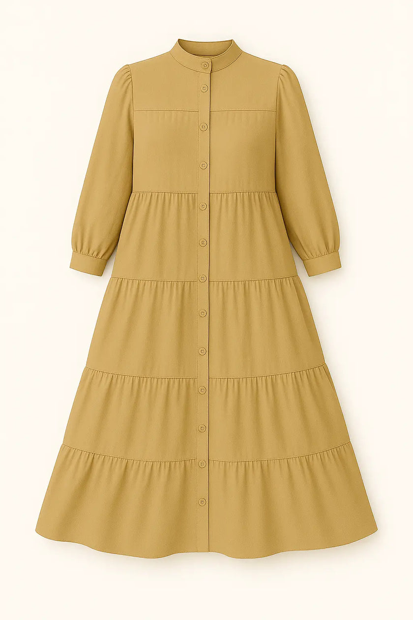  Zari Hijabeez tiered button-down modest dress collection in mustard, yellow, pink, and green – full-length cotton dresses for summer and Eid.