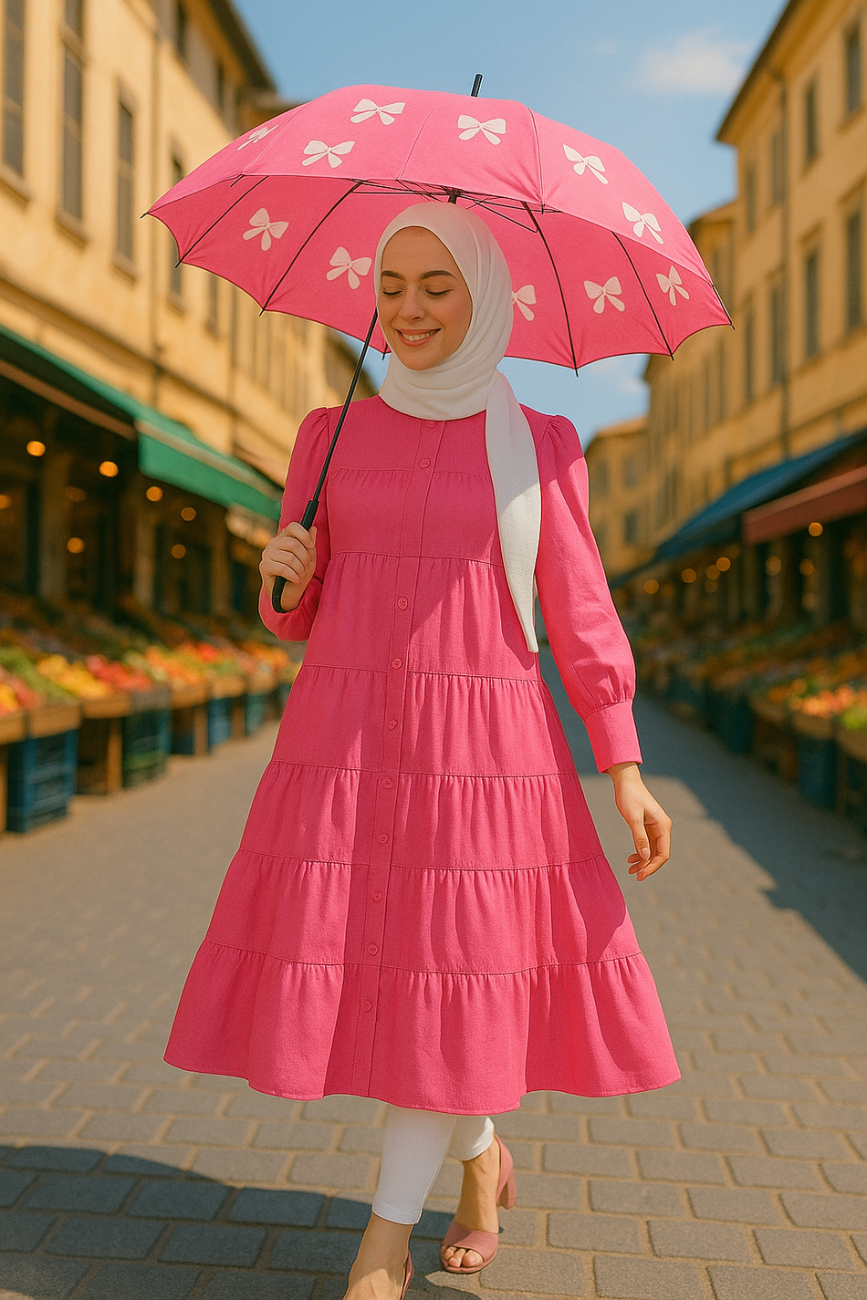  Zari Hijabeez tiered button-down modest dress collection in mustard, yellow, pink, and green – full-length cotton dresses for summer and Eid.