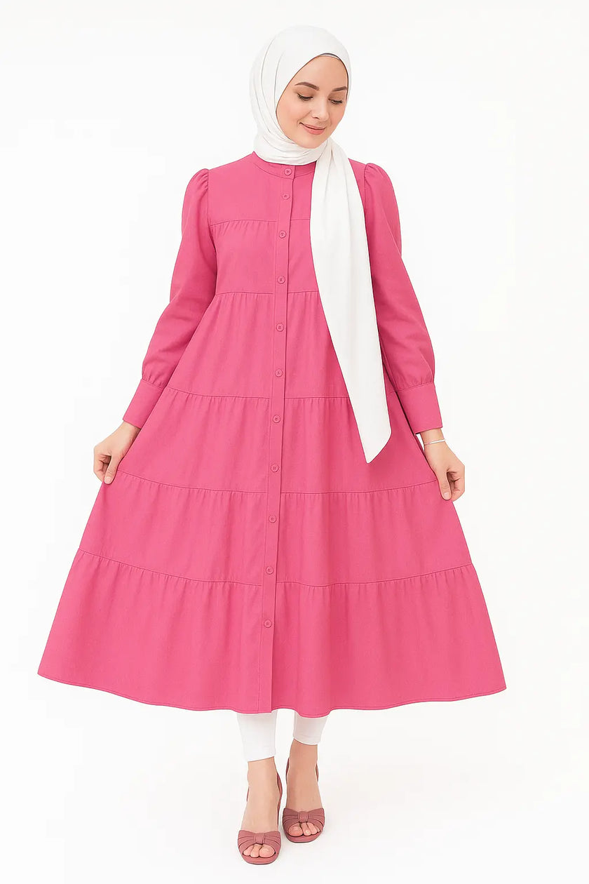  Zari Hijabeez tiered button-down modest dress collection in mustard, yellow, pink, and green – full-length cotton dresses for summer and Eid.