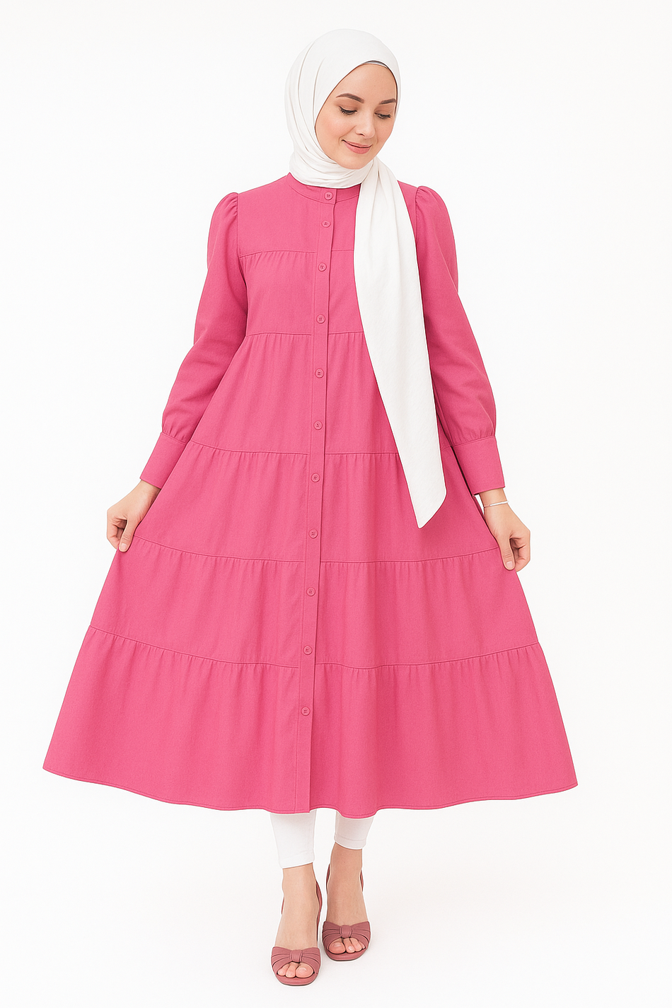  Zari Hijabeez tiered button-down modest dress collection in mustard, yellow, pink, and green – full-length cotton dresses for summer and Eid.