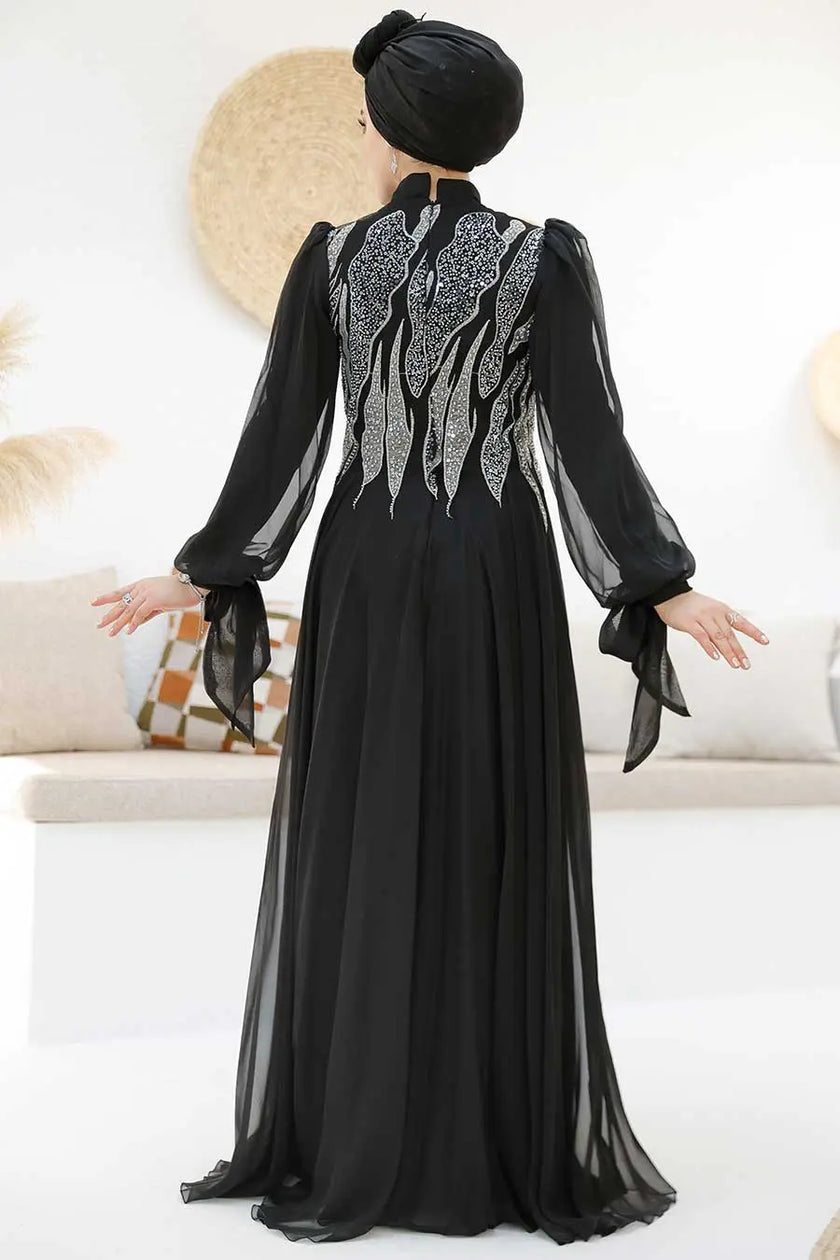 Elegant Black Evening Gown Modest Silver Embellished Chiffon Dress - Zari Hijabeez Elegant Black Evening Gown Modest Silver Embellished Chiffon Dress - Zari Hijabeez