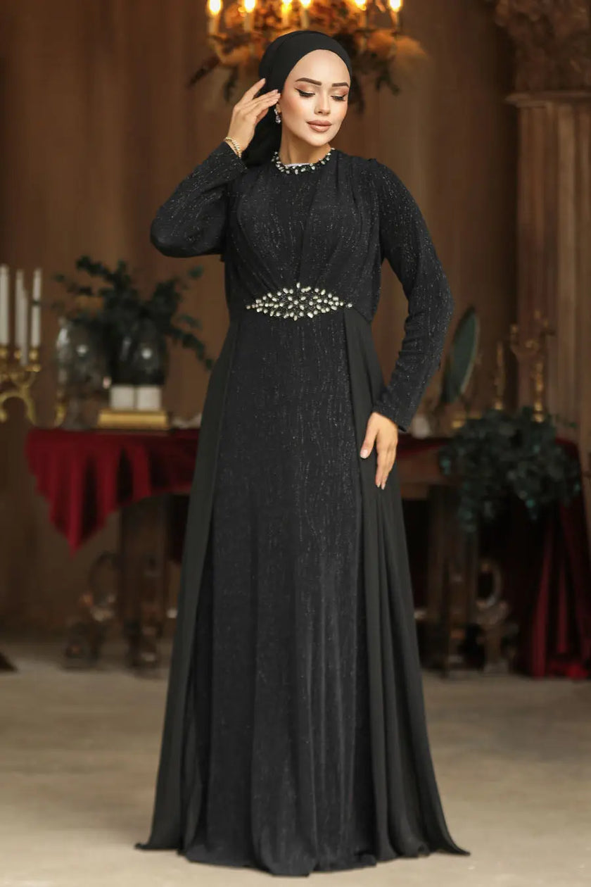Elegant modest gown in midnight black with sparkling embellishments and chiffon cape, perfect for evening and formal occasions.