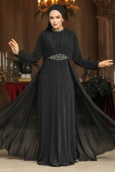 Elegant modest gown in midnight black with sparkling embellishments and chiffon cape, perfect for evening and formal occasions.