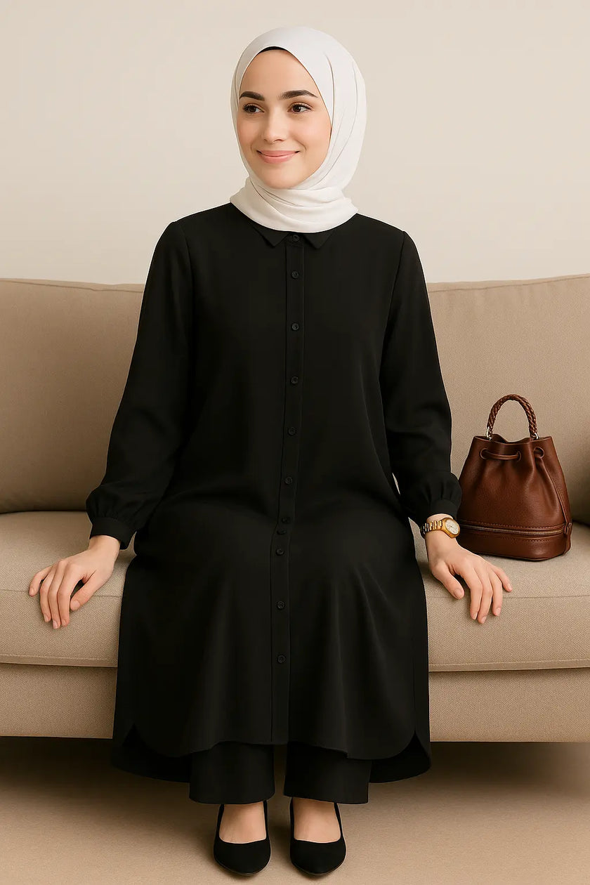 Modest Button-Down Two-Piece Set | Flowy Tunic & Trousers Zari Hijabeez