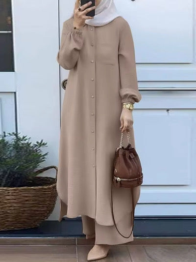 Modest Button-Down Two-Piece Set | Flowy Tunic & Trousers